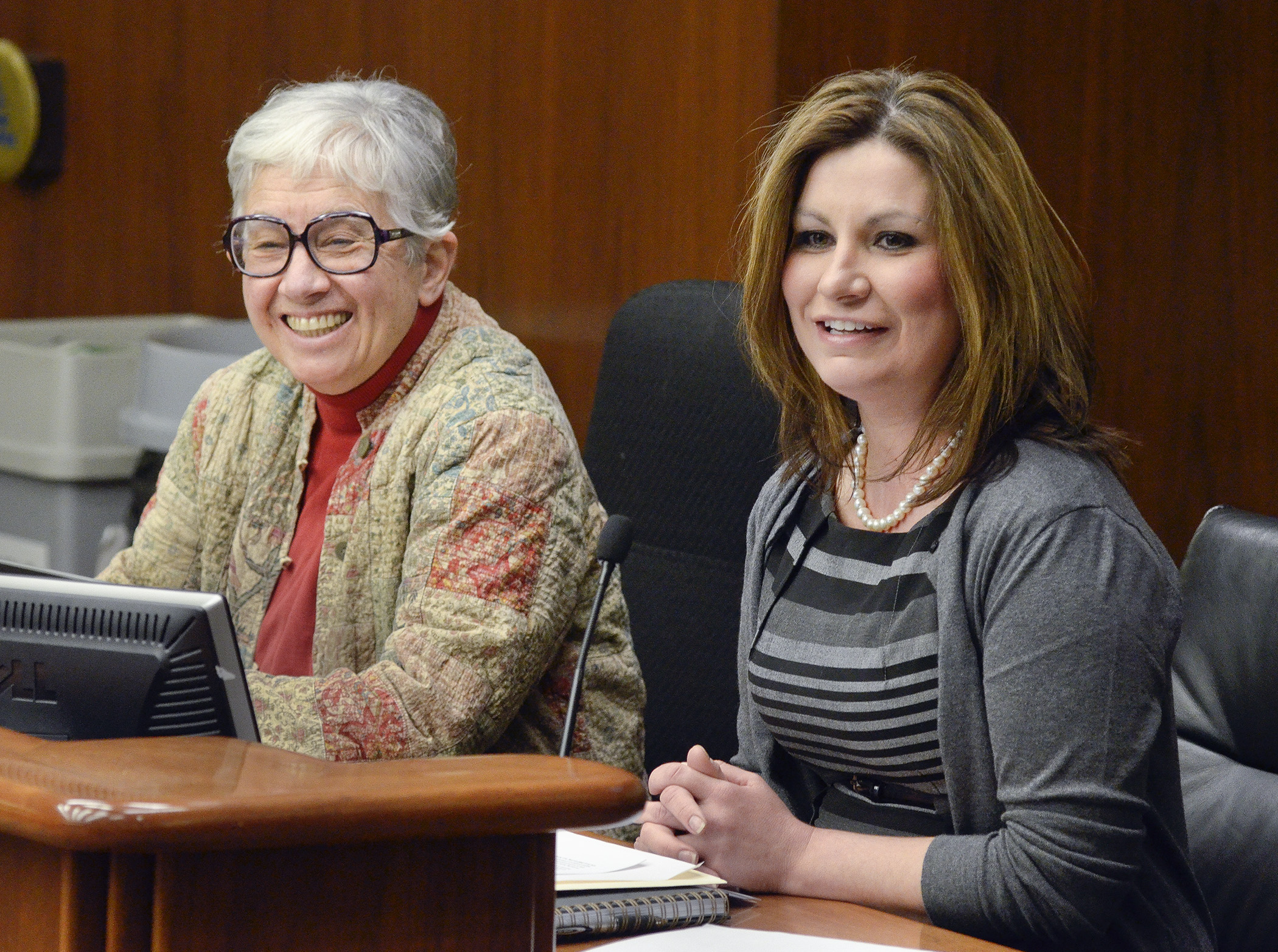 Rep. Phyllis Kahn, left, and Rep. Mary Franson, who are on opposite sides of the political spectrum, present a bill Feb. 25 to develop and regulate an industrial hemp industry in Minnesota. Photo by Andrew VonBank